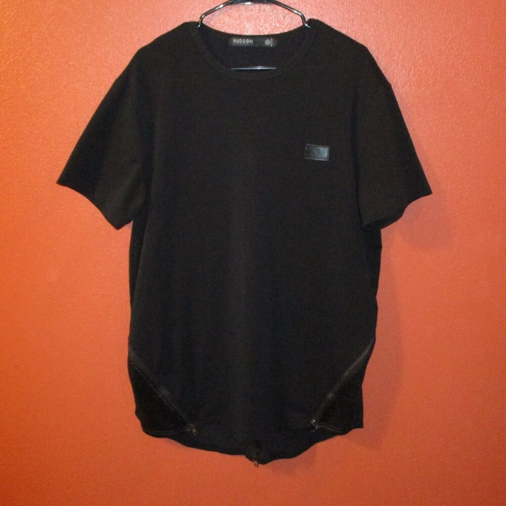 Hudson Jeans Shirt Men X Large Black Zip Back Business Party Short Sleeve Shirt